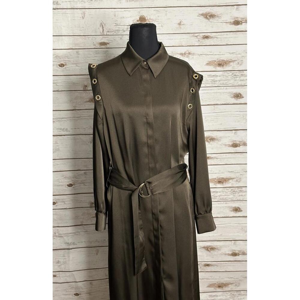 Zara olive green satin grommet detail belted Ring Trim maxi shirtdress Size M - Picture 3 of 13